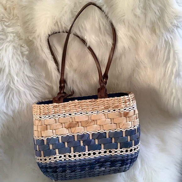 Straw Hand Woven Top Zip Boho Bohemian Purple Tan Purse That’s Lined - Picture 9 of 9